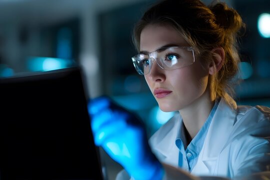 Young scientist working late at night in the lab.