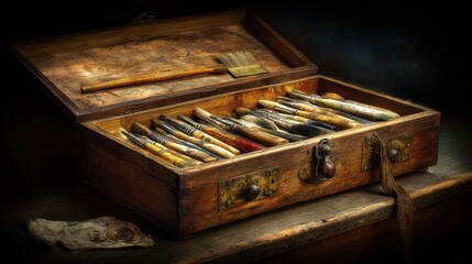 Wooden art box filled with paintbrushes and tools