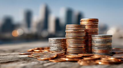 A pile of coins and notes against blurred city skyline showing financial success and investment themes