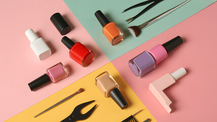 Fototapeta premium Nail Polish and Manicure Tools on a Pink and Yellow Background