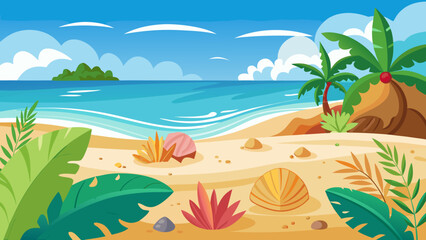 Fototapeta premium Vector art of vibrant tropical beach scene with palm trees, colorful seashells, and clear blue ocean under a sunny sky with fluffy clouds, evoking a sense of summer vacation and paradise