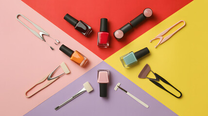 Nail Polish Bottles and Beauty Tools on a Vibrant Geometric Backdrop