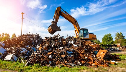 Excavator atop a mountain of scrap metal under a bright blue sky with wispy clouds