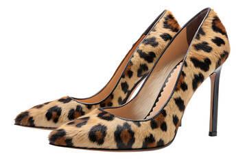 Leopard print pointed-toe high heel pumps with stiletto heels and fur texture, isolated on a transparent background