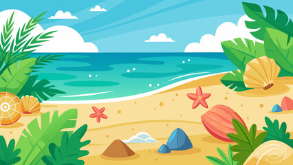Obraz premium Vector art of a vibrant tropical beach scene with clear blue water, golden sand, lush green foliage, and colorful seashells under a bright sunny sky with fluffy clouds