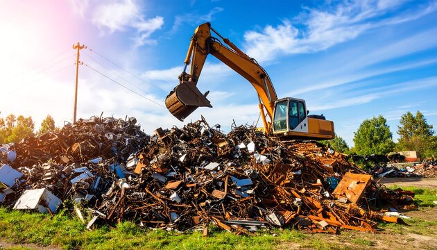 Excavator atop a mountain of scrap metal under a bright blue sky with wispy clouds - Powered by Adobe
