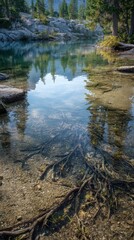 Crystal clear lake reflecting forest