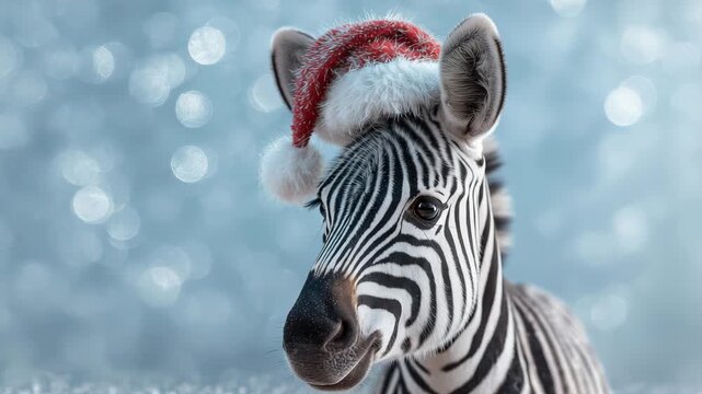Cute zebra wearing Santa hat with festive bokeh background
