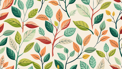 Vector art of a seamless pattern of colorful leaves and branches in a botanical illustration style, evoking a sense of nature and seasonal change