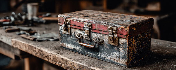 Vintage mechanic repair toolbox sits on rustic industrial workbench filled with tools