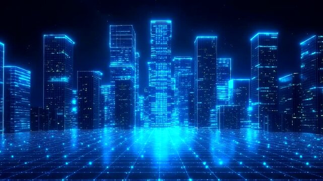 Futuristic city with glowing blue grid, conceptual design animation loop - Powered by Adobe