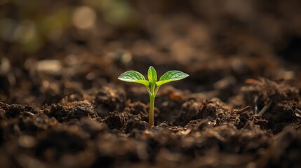 Fototapeta premium Tiny green seedling emerging from rich dark soil with morning dew