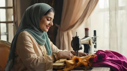 Muslim woman sewing with vintage machine, smiling gently as fabric moves in warm light, traditional textile craftsmanship with colorful fabric and cultural fashion focus
