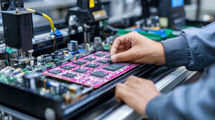 Technician performs mechanic repair on industrial circuit board in workshop