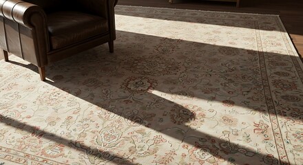 Cozy living room corner with a leather armchair on a traditional rug, bathed in warm sunlight casting long shadows
