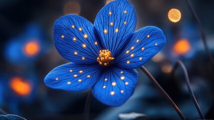 Vibrant blue flower with glowing yellow dots
