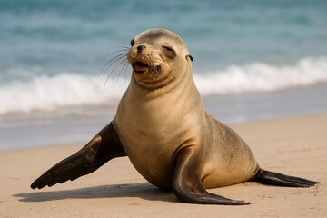 California Sea Lion on Sandy Beach near Ocean Waves