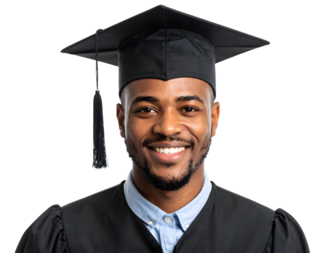 Joyful young Black man wearing graduation cap and gown smiles confidently, celebrating academic achievement and future success