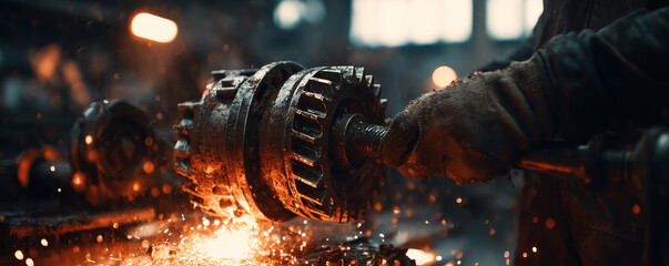 Mechanic performs repair on industrial machinery with sparks flying around
