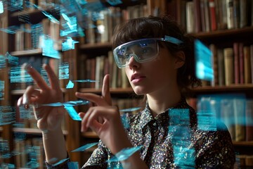 Woman using AR glasses in library