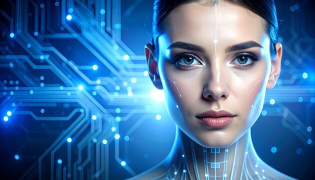 Futuristic Woman with Glowing Circuitry and Blue Light Background - Powered by Adobe