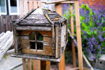 Rustic wooden birdhouse in garden with purple flowers and wood fencing