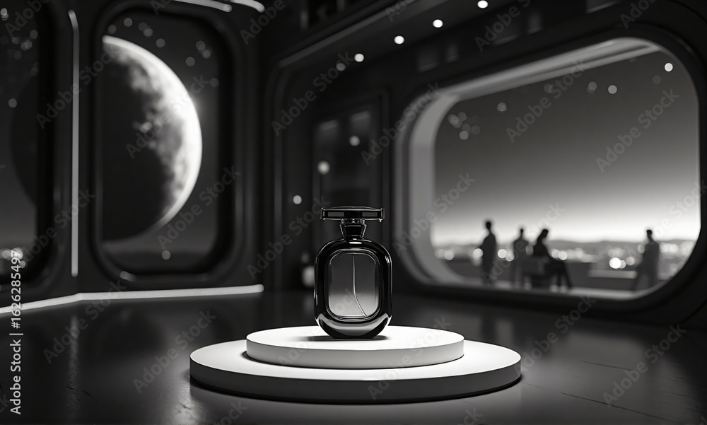 Poster elegant bottle displayed in a futuristic setting with a view of a celestial body and distant lights.