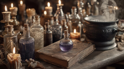 Mystical vintage table ancient book glowing candle dusty bottle  potion parchment.