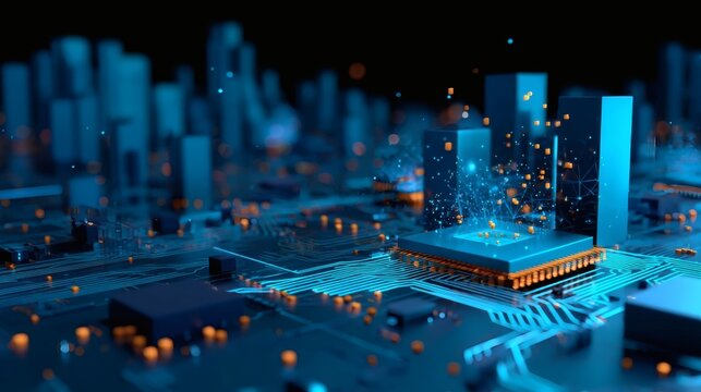 A stylized tech landscape scene portraying a digital terrain where processors rise like city towers, each interconnected by glowing circuitry roads, surrounded by floating bits and flickering 