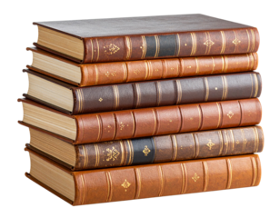 Side View of Antique Book Pile with Leather Bindings and Yellowed Pages – PNG Cutout