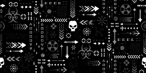 Abstract futuristic grunge pattern with arrows skulls biohazard symbols and geometric shapes on black background
