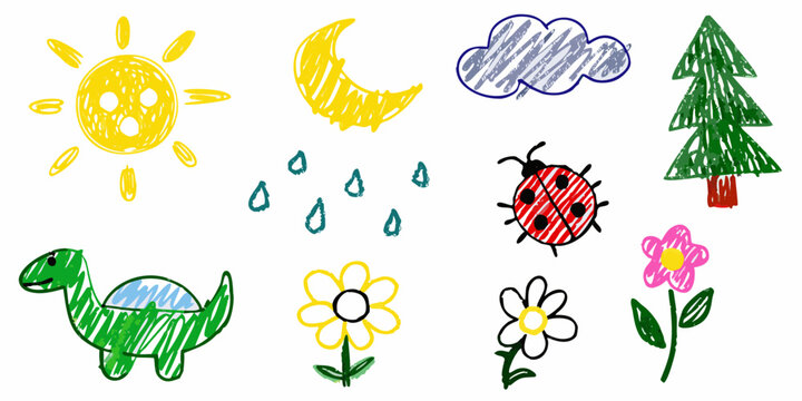 Collection of simple crayon drawings of nature elements and animals for children
