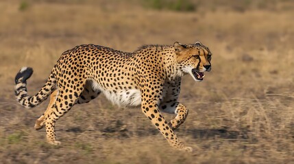 Naklejka premium A cheetah walking through a shallow stream in the savannah