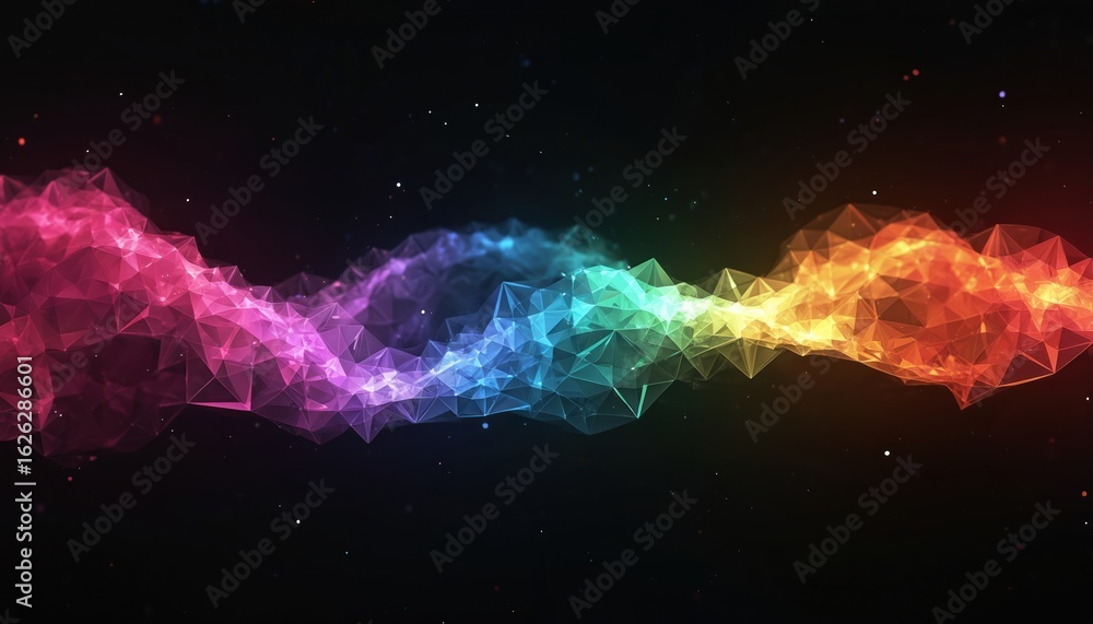 Poster abstract polygonal wave illustration transitions through vibrant rainbow spectrum. geometric shapes 