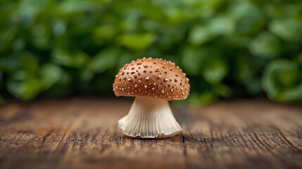 A single wild mushroom with a spotted cap sits on a wooden surface with a blurred green background