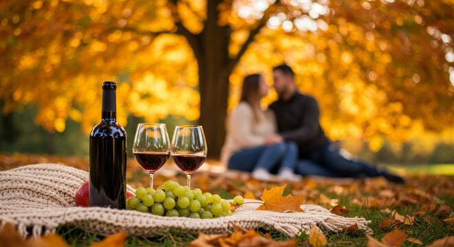 Couple enjoying wine and grapes on blanket under autumn tree  