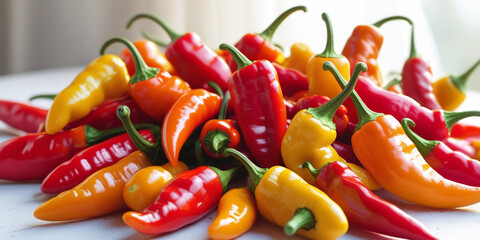 Vibrant red orange yellow chili peppers pile hot peppers
