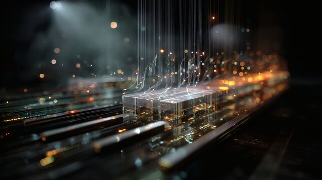 Immersive visualization of advanced integrated circuit layers stacked vertically, each layer semi-transparent and actively processing data shown as streams of cascading light particles, representing 