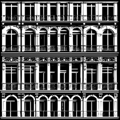 Vector silhouette of building façade with shuttered windows and balconies