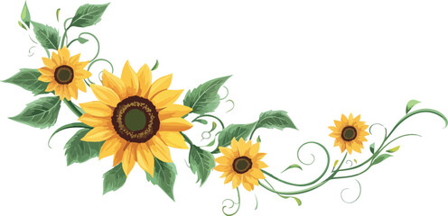 Bright yellow sunflowers and green leaves forming a decorative floral border element