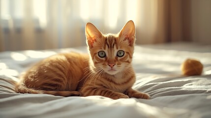 Adorable orange tabby kitten with bright blue eyes relaxing on a bed
