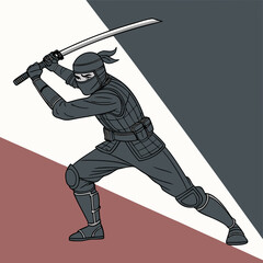 Dynamic ninja warrior in combat pose wielding a katana with a geometric background