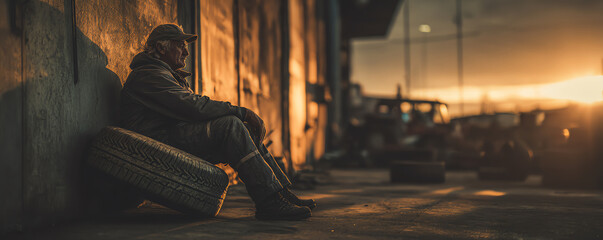 Mechanic takes moment to relax in industrial repair shop as sun sets