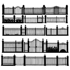 Vector silhouette of fenced residential garden walls with gates