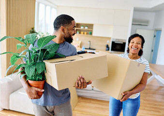 Young black couple moving into a new modern house, carrying boxes and arriving home together....