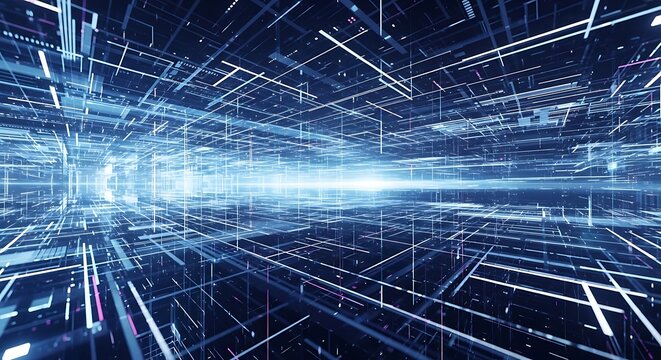 Futuristic digital cyberspace with glowing lines and geometric shapes representing data flow and
