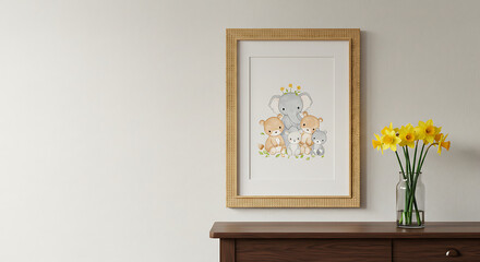 Tall framed artwork with yellow flowers on a table