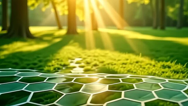 insert ampere surreal attribute where an graceful contemporary blend brilliant hexagon gridiron with refract sun elegantly waver and roll crossways ampere pristine greens landscape, exude