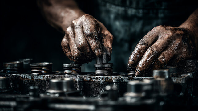 Mechanic performs repair on industrial machinery with skilled hands covered in grease and oil