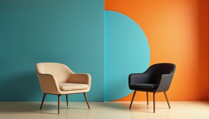Obraz premium Two modern chairs, one beige, one black, stand against split background of teal, orange. Chairs feature minimalist design with wooden legs, creating stylish, comfortable seating arrangement suitable
